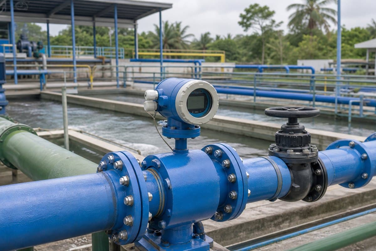 Water treatment pipeline with electromagnetic flow meter installation