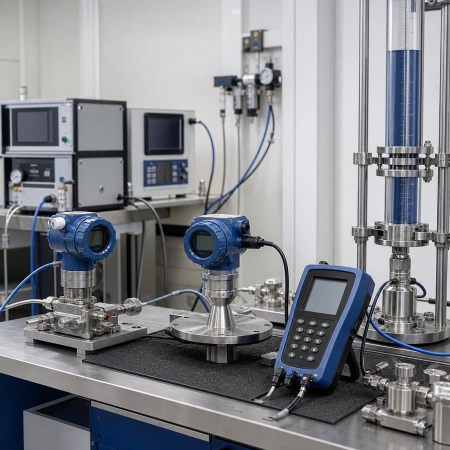 Calibration bench for radar level transmitters and pressure sensors